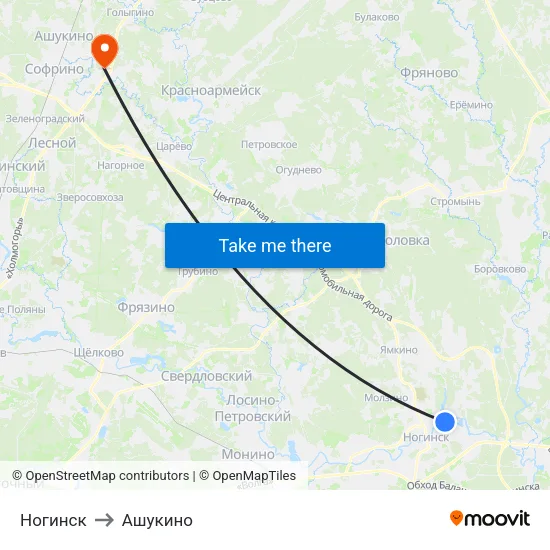 Ногинск to Ашукино map