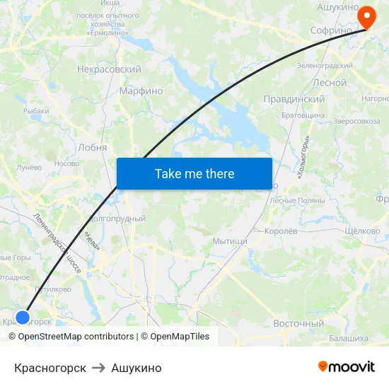 Красногорск to Ашукино map