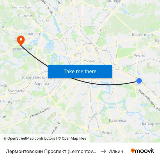 Лермонтовский Проспект (Lermontovsky Prospekt) to Ильинское map