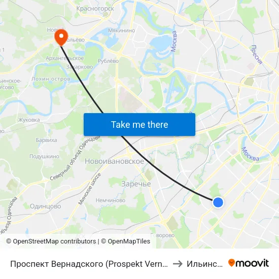 Проспект Вернадского (Prospekt Vernadskogo) to Ильинское map