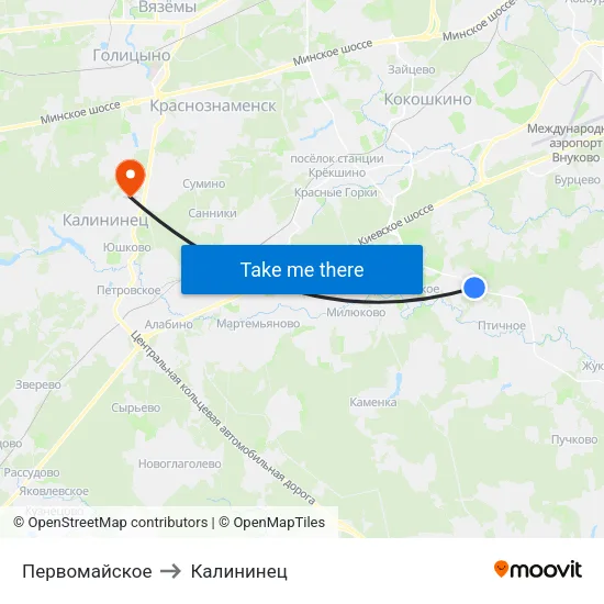 Первомайское to Калининец map