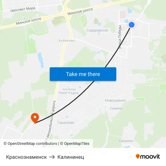 Краснознаменск to Калининец map