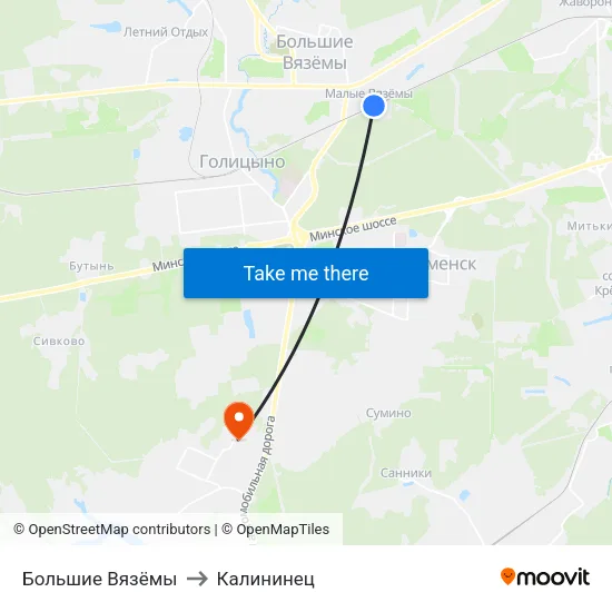 Большие Вязёмы to Калининец map