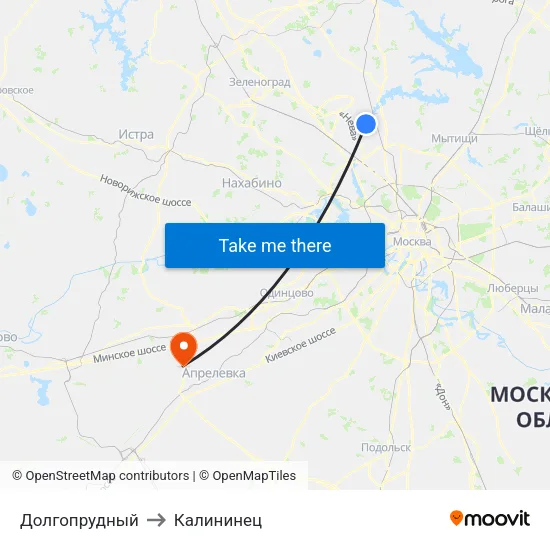 Долгопрудный to Калининец map