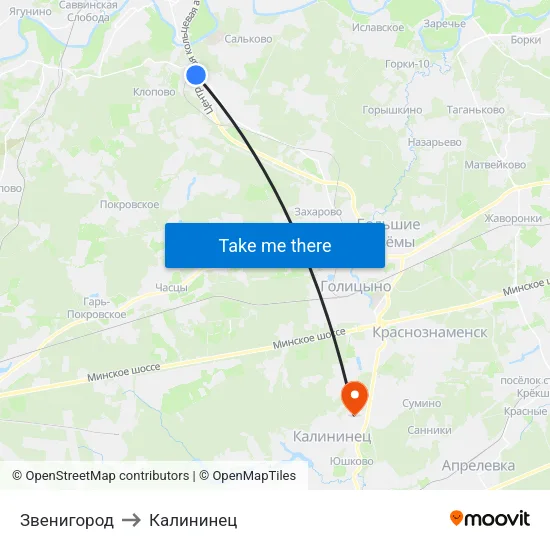Звенигород to Калининец map