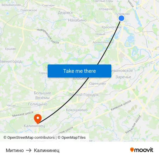 Митино to Калининец map