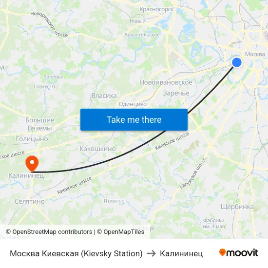 Москва Киевская (Kievsky Station) to Калининец map