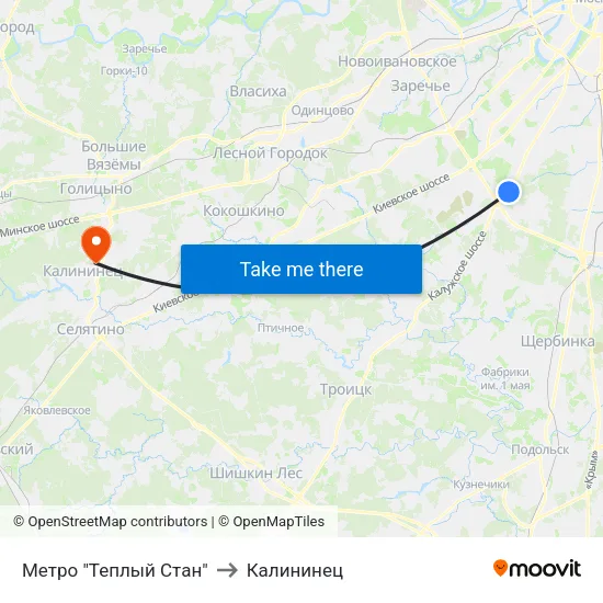 Метро "Теплый Стан" to Калининец map