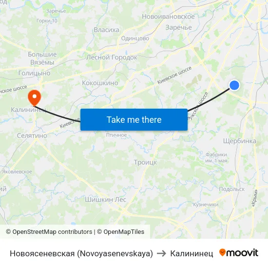 Новоясеневская (Novoyasenevskaya) to Калининец map