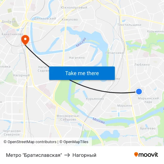 Метро "Братиславская" to Нагорный map