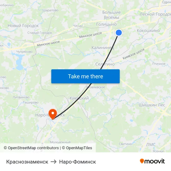 Краснознаменск to Наро-Фоминск map