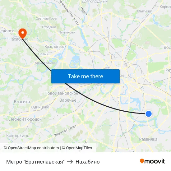 Метро "Братиславская" to Нахабино map