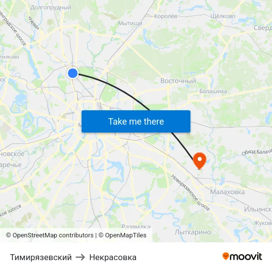Тимирязевский to Некрасовка map