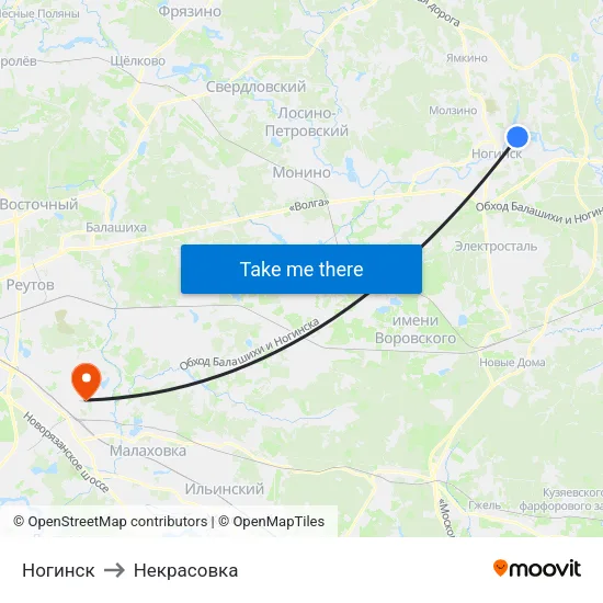 Ногинск to Некрасовка map