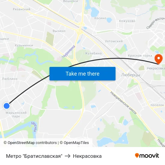 Метро "Братиславская" to Некрасовка map
