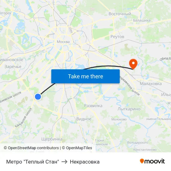 Метро "Теплый Стан" to Некрасовка map