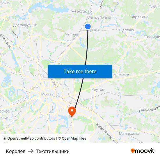 Королёв to Текстильщики map