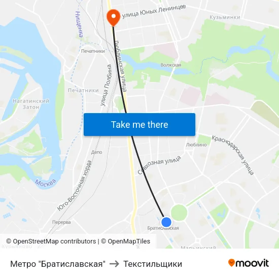 Метро "Братиславская" to Текстильщики map