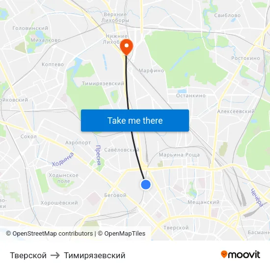 Тверской to Тимирязевский map