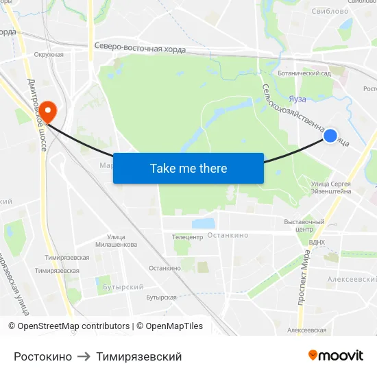 Ростокино to Тимирязевский map