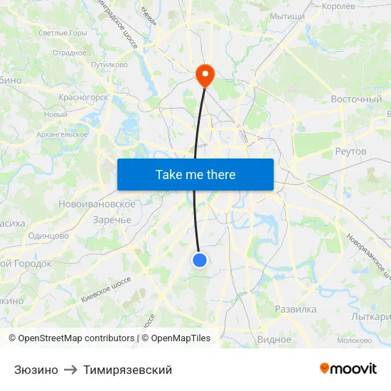Зюзино to Тимирязевский map