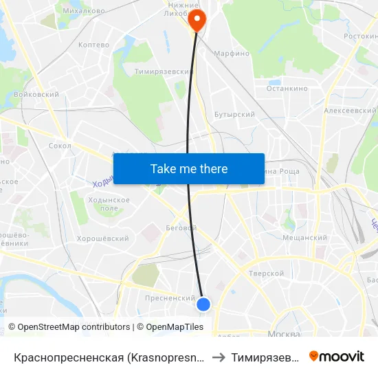 Краснопресненская (Krasnopresnenskaya) to Тимирязевский map