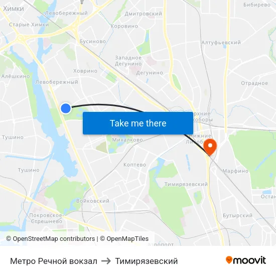 Метро Речной вокзал to Тимирязевский map