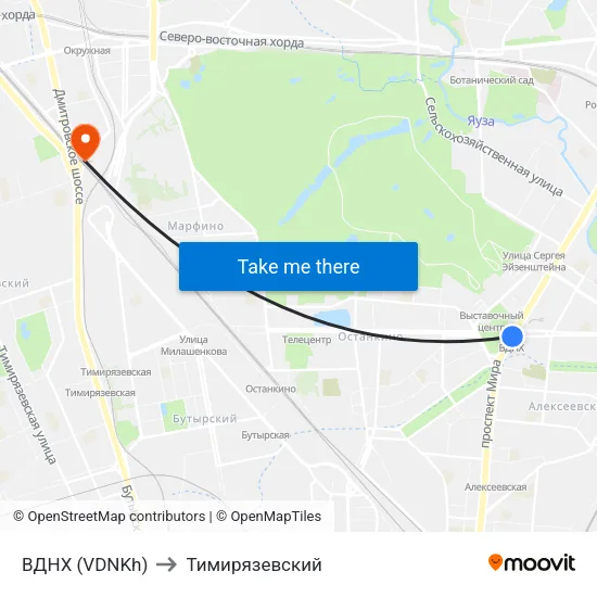 ВДНХ (VDNKh) to Тимирязевский map