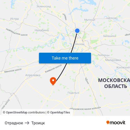 Отрадное to Троицк map
