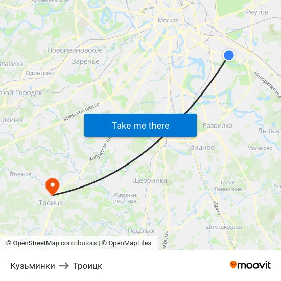 Кузьминки to Троицк map