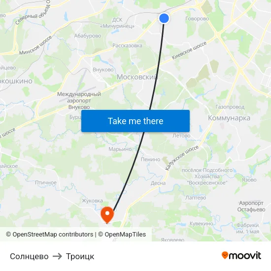 Солнцево to Троицк map