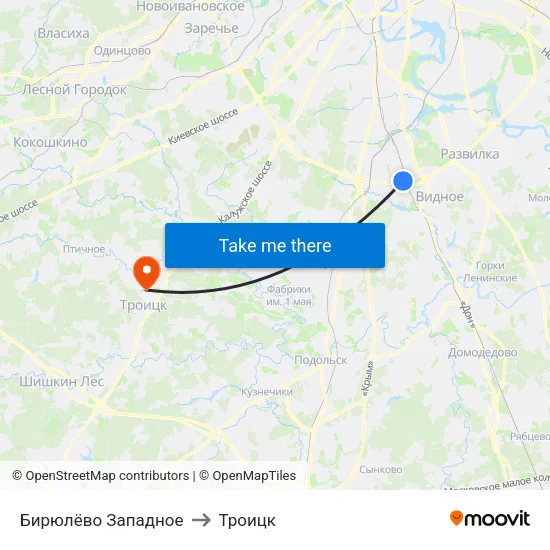 Бирюлёво Западное to Троицк map