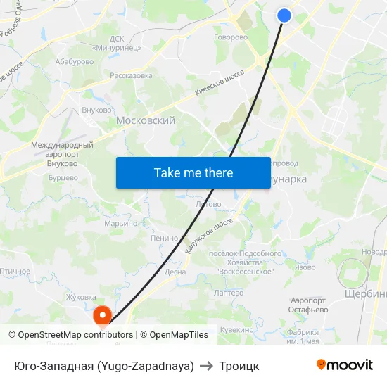 Юго-Западная (Yugo-Zapadnaya) to Троицк map