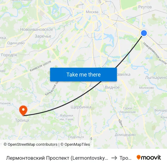 Лермонтовский Проспект (Lermontovsky Prospekt) to Троицк map