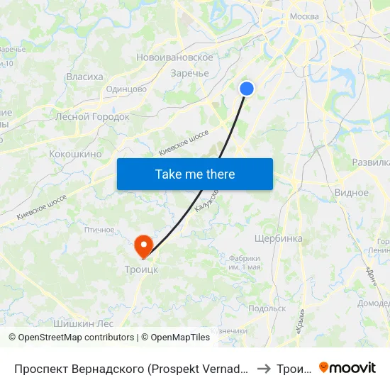 Проспект Вернадского (Prospekt Vernadskogo) to Троицк map