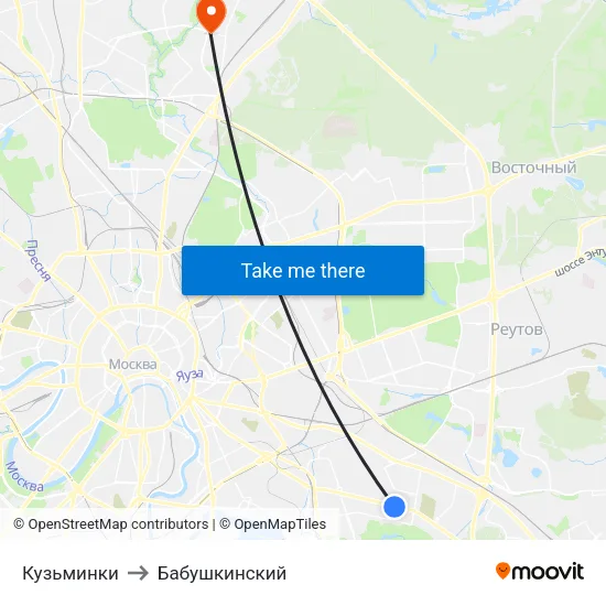 Кузьминки to Бабушкинский map