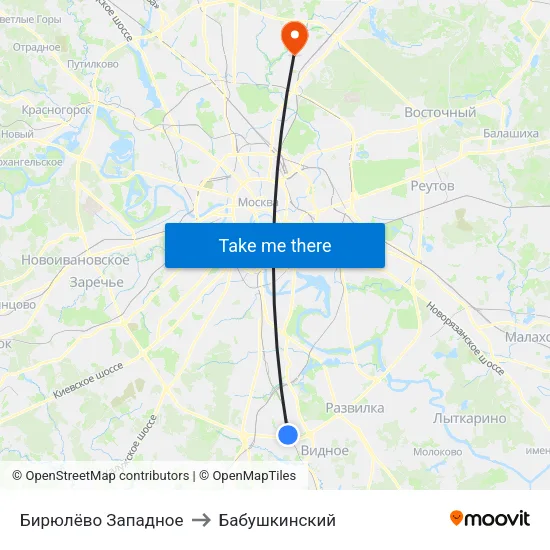 Бирюлёво Западное to Бабушкинский map