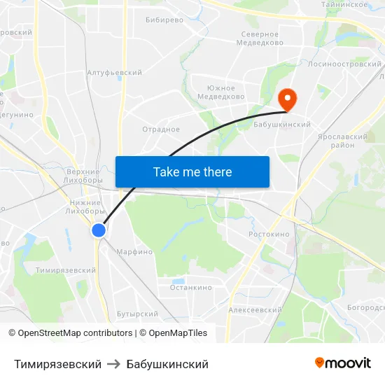 Тимирязевский to Бабушкинский map