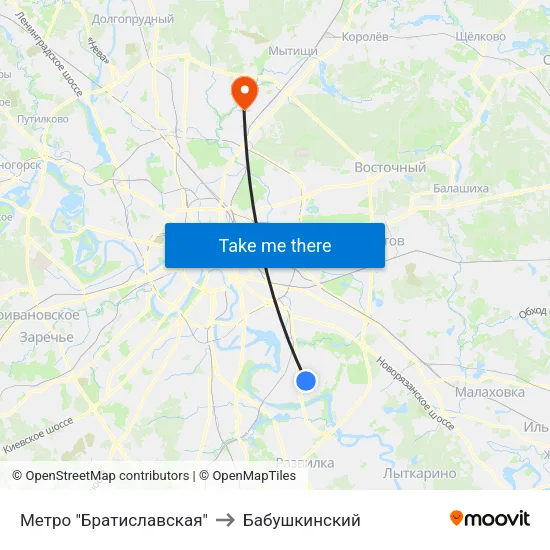 Метро "Братиславская" to Бабушкинский map