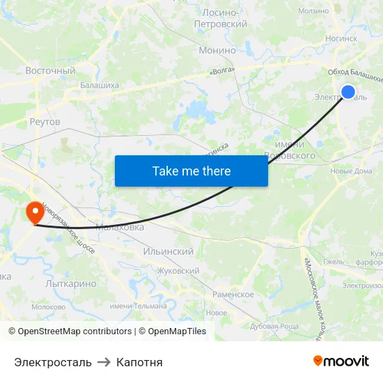 Электросталь to Капотня map