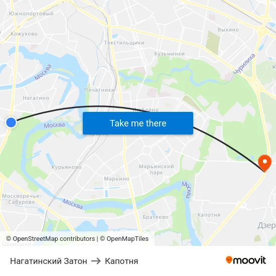 Нагатинский Затон to Капотня map