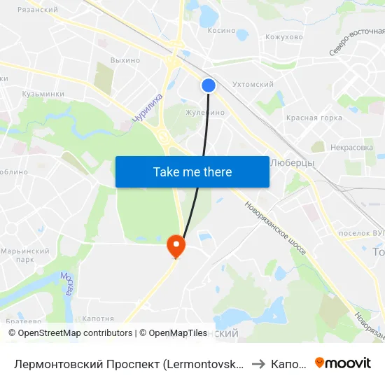 Лермонтовский Проспект (Lermontovsky Prospekt) to Капотня map