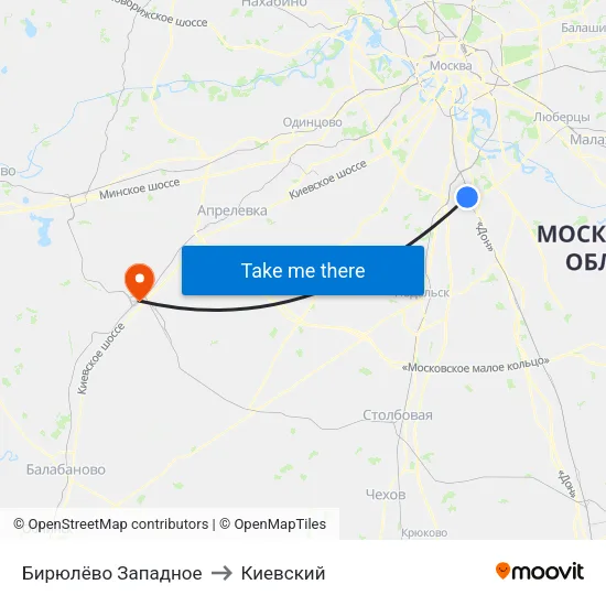 Бирюлёво Западное to Киевский map
