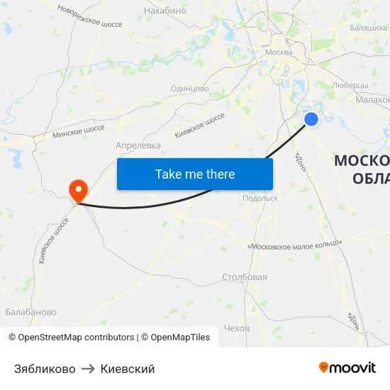 Зябликово to Киевский map
