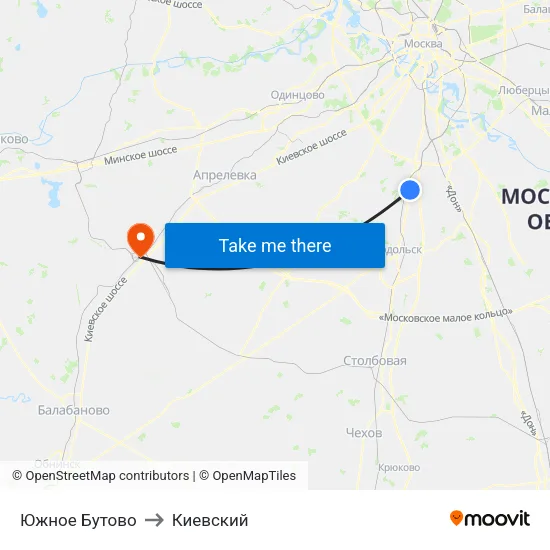 Южное Бутово to Киевский map