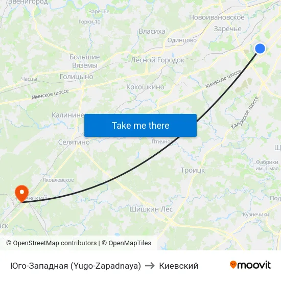 Юго-Западная (Yugo-Zapadnaya) to Киевский map