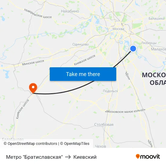 Метро "Братиславская" to Киевский map