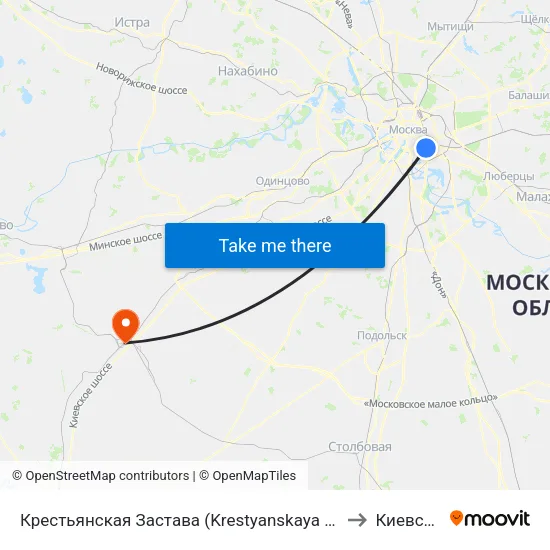 Крестьянская Застава (Krestyanskaya Zastava) to Киевский map