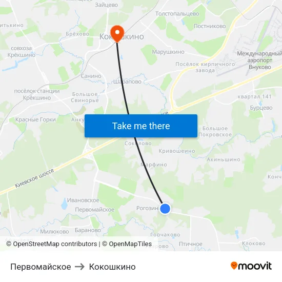 Первомайское to Кокошкино map
