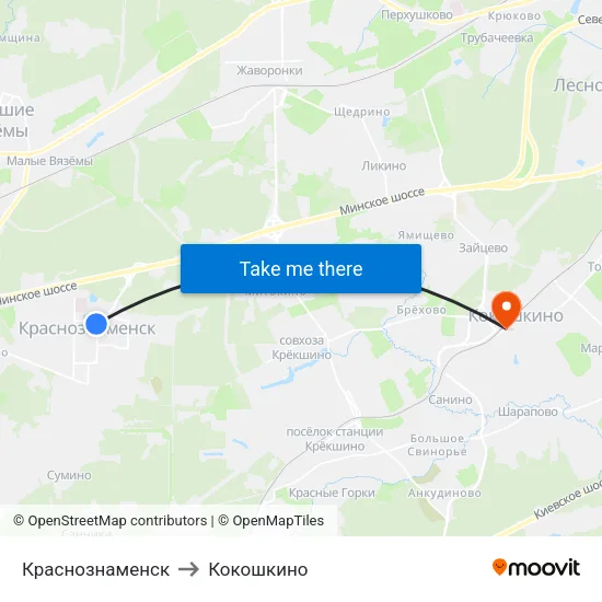 Краснознаменск to Кокошкино map